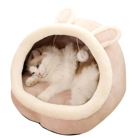Beauenty Semi-Enclosed Cat Bed, Soft Comfortable Cat Cave House with Hanging Fluffy Ball and Removable Cat Mattress, Indoor Warm Pet Nest, Pet Bed for Cats and Small Dogs Under 5kg (Style 1)