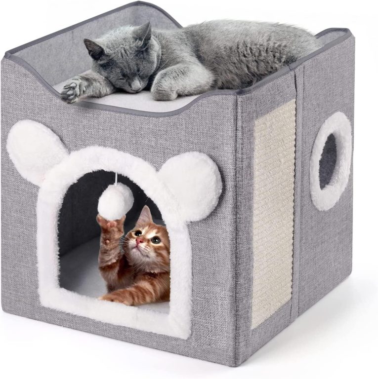 بيت قطط متعدد الوظائف من بلورفوكس، سرير للقطط في الاماكن المغلقة، منزل قطط كبير قابل للطي مع سجادة، بيت لعب كبير للحيوانات الاليفة مع كرة منفوشة، سرير مغطى للقطط الصغيرة والحيوانات، 40 × 40 × 39 سم