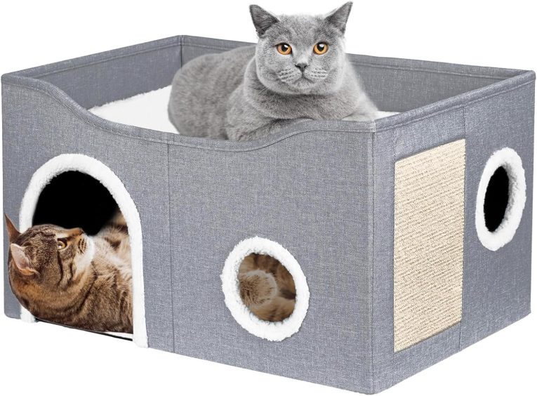 بيت للقطط في الأماكن المغلقة من الميكاكوز، سرير كبير للقطط مع كرة منفوشة ووسادة خدش، بيت قطط قابل للطي، مكعبات ومخبأ وسرير قطط مغطى