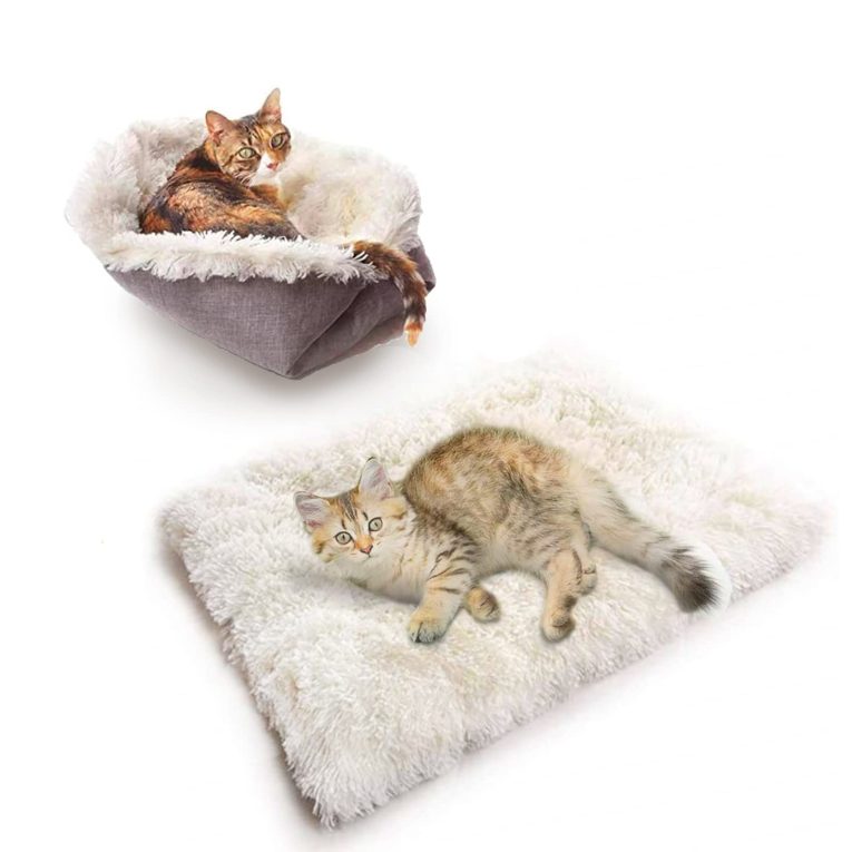تواكيمس سرير للقطط والكلاب، وسادة مخملية ناعمة للحيوانات الاليفة 2 في 1 وبطانية للقطط الصغيرة، سجادة دافئة منفوشة للحيوانات الاليفة، سرير للجراء والقطط الصغيرة قابل للغسل (ابيض)