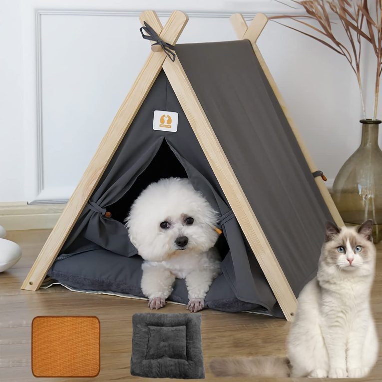 خيمة قماشية مخروطية للحيوانات الاليفة للقطط الكلاب الجراء والهريرة، خيمة سرير مع وسادة قابلين للطي وللغسيل من اجل ارنب صغير، متوسط اوكبير والهر في الاماكن المغلقة وفي الخارج السفر والتخييم والتمرين