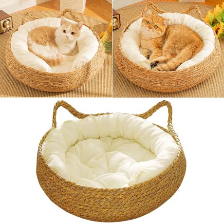 سرير دائري للحيوانات الأليفة مصنوع يدويا من الراتان والخوص الطبيعي، مع وسادة ناعمة، يستخدم كلوح خدش للقطط، قابل للأزالة والغسل للقطط أو الكلاب الصغيرة (A)