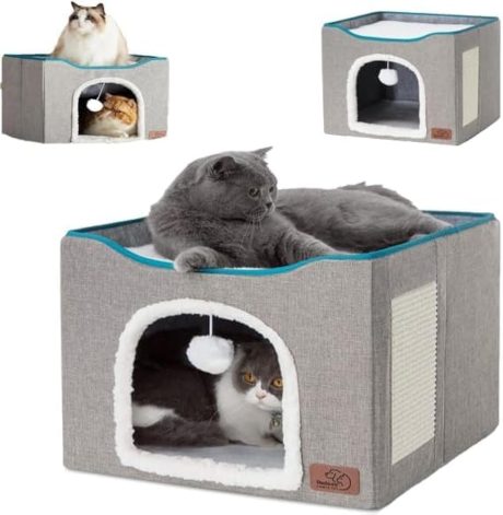 سرير قطط داخلي بفتحة كبيرة للقطط من سكيسوبيت مناسب لبيوت الحيوانات الاليفة، مجهز بخطافات كروية منفوشة ووسادات مقاومة للخدش/ سرير قطط قابل للفصل على شكل قطة، سرير قطط داخلي جيد التهوية (قطة-L)