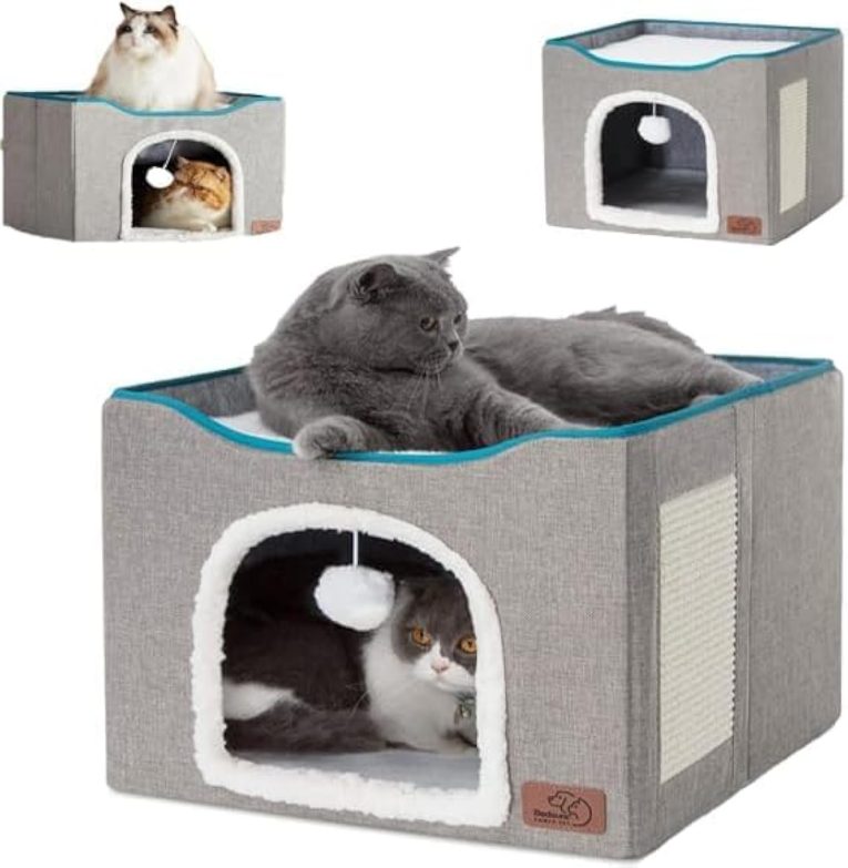 سرير قطط داخلي بفتحة كبيرة للقطط من سكيسوبيت مناسب لبيوت الحيوانات الاليفة، مجهز بخطافات كروية منفوشة ووسادات مقاومة للخدش/ سرير قطط قابل للفصل على شكل قطة، سرير قطط داخلي جيد التهوية (قطة-L)