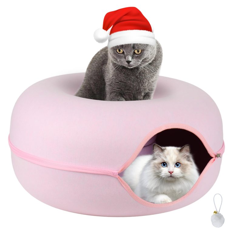 سرير قطط مع نفق، كهف للقطط، سرير للقطط المنزلية الكبيرة والحيوانات الأليفة الصغيرة، تصميم دائري قابل للفصل من اللباد، أنبوب لعب، نفق لعب داخلي قابل للغسل (24 سم، رمادي داكن)