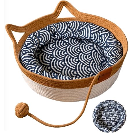 سرير قطط منسوج يدويا من بابوريتش، وسادة خدش للقطط من القطن والكتان الطبيعي بتصميم منزل صغير جيد التهوية وعديم الرائحة مع كرة حبل للعب، للحيوانات الاليفة (طقم ازرق، M)