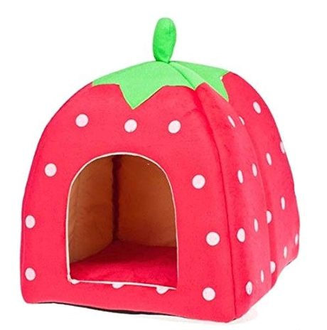 سرير ناعم للكلاب والقطط والحيوانات الاليفة على شكل فراولة، بيت بيت للكلاب مع وسادة دافئة [H10332، المقاس: L احمر]