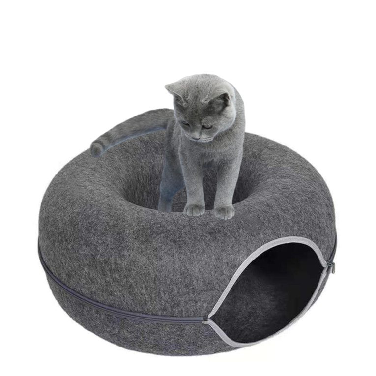كهف للقطط من بيكابو، عش قطط قابل للإزالة بتصميم نفق من اللباد، عش للحيوانات الأليفة بتصميم حلوى دونات دائرية، سرير وكهف للقطط وكهف لجميع الفصول (كبير، داكن)