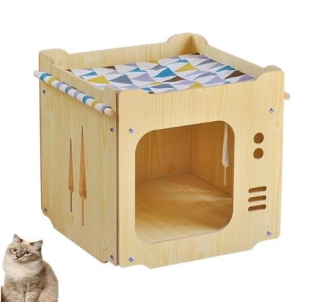 منزل للقطط مع وسادة سميكة وارجوحة، عش قطط، مكعب خشبي قابل للطي وقابل للتكديس، سرير للقطط والارانب ومخبأ للقطط وبوابة مربعة