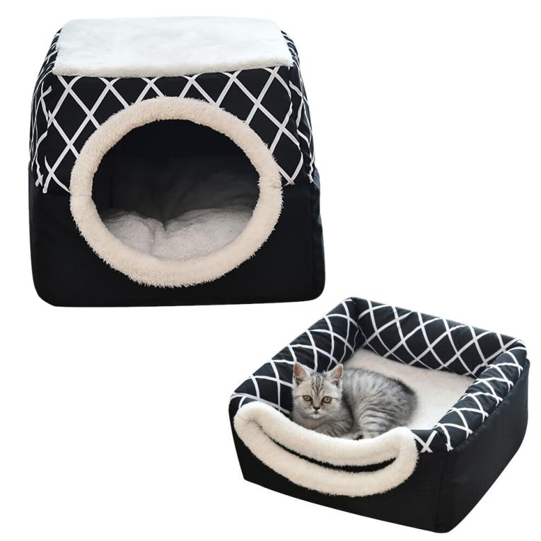 بيت قطط، سرير للحيوانات الاليفة قابل للطي 2 في 1 للقطط الصغيرة، سرير كهف للقطط في الاماكن المغلقة، سرير قطط منفوش (اسود، XL)