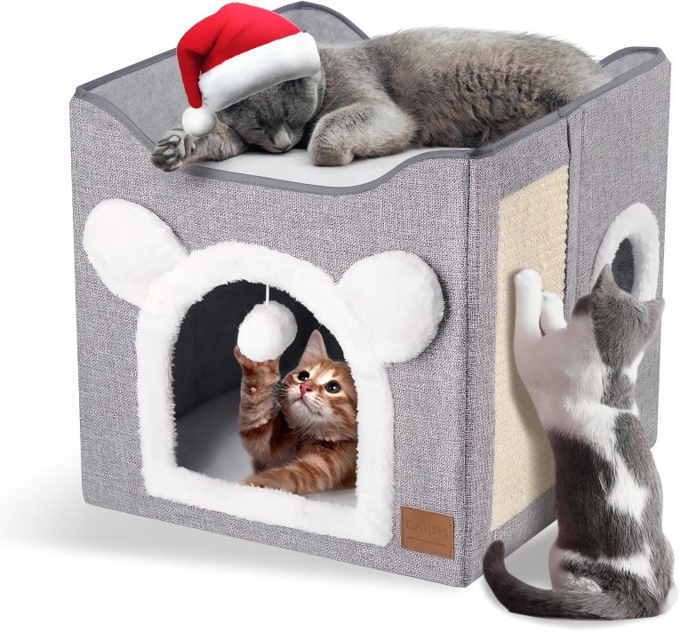 سرير للقطط الداخلية من بابونا، سرير قطط كبير بطبقتين للحيوانات الاليفة مع لوح خدش وكرة منفوشة للحيوانات الاليفة الصغيرة والمتوسطة في الاماكن المغلقة، 40×40×39 سم