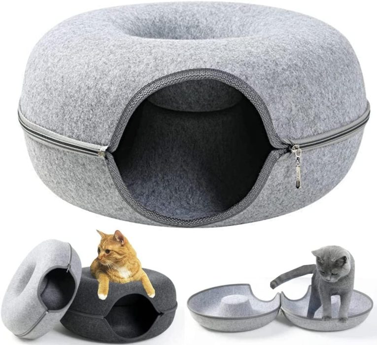 سرير نفق دائري كبير للقطط من بلورفوكس، كهف للقطط في الاماكن المغلقة، بيت للقطط شبه مغلق، مريح وقابل للغسل، سرير للحيوانات الاليفة قابل للفصل للقطط والقطط الصغيرة (رمادي داكن، مقاس S)