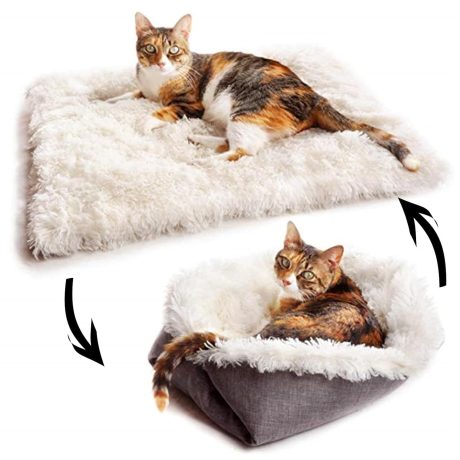 لينجي سرير قطط قابل للطي وقابل للتحويل للقطط، بطانية ناعمة مخملية وسرير للقطط الداخلية، عش للنوم وحصيرة 2 في 1، وسادة عش للحيوانات الاليفة دافئة ومريحة للقطط والجراء