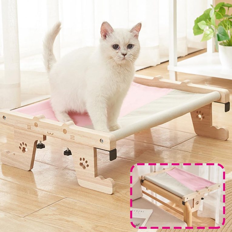 أرجوحة هزازة مع مقعد وإطار خشبي ومعدني قابل للتعديل بسهولة بجانب عتبة النافذة والسرير والأرضية والدرج، سرير ورف لعب للقطط الكبيرة (بينك) من اموسيجوي