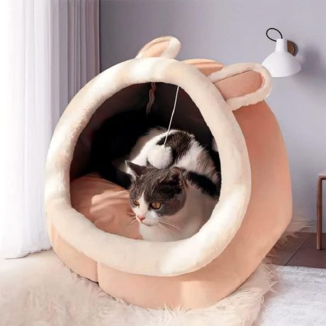 سرير قطط من توريسيك للقطط الداخلية، سرير كهف للقطط شبه مغلق مع كرة قطيفة، مساحة كبيرة للقطط للنوم، سرير قطط مغطى ناعم ومريح مع بساط قابل للغسل والفصل (رمادي، L)