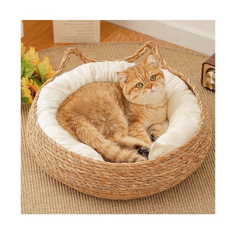 سرير قطط منسوج من القش من بورتالوف، سرير دائري 43 سم للحيوانات الاليفة الصغيرة مع وسادة ناعمة، سرير للحيوانات الاليفة قابل للازالة والغسل للقطط او الكلاب الصغيرة