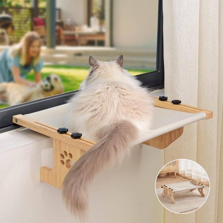 مجثم قطط يثبت على النافذة، مجثم متين معلق بتصميم أرجوحة شبكية، رف قطط متين وموفر للمساحة في الأماكن المغلقة من الميكاكوز (رمادي)