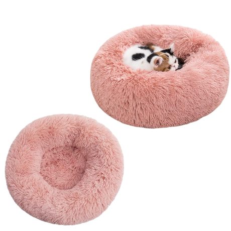 HALAMODO مهدئ للكلاب - سرير القطط لسرير الحيوانات الأليفة الصغيرة ، سرير قطط دائري مريح ذاتي التسخين مع فرو صناعي منفوش لمقاومة القلق والراحة (وردي)