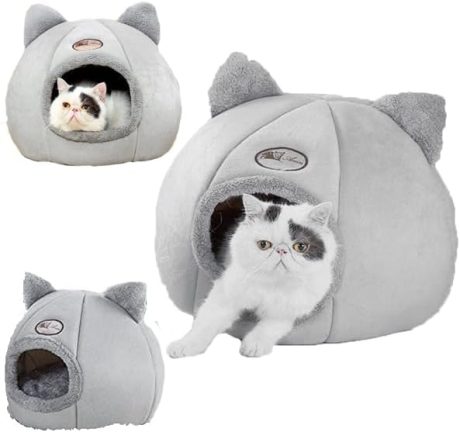 سرير قطط داخلي من سكيسوبيت - منزل كبير للحيوانات الاليفة مع خطافات كروية منفوشة، وسادات مقاومة للخدش، شكل قطة قابل للفصل، جيد التهوية (قطة-M)