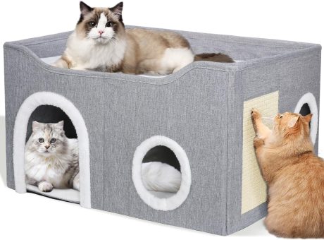 سرير للقطط من تيك هوم، كهف كبير للقطط على شكل بيت للحيوانات الأليفة مزود بكرة معلقة ناعمة ولوح خدش، كهف سرير مغطى وقابل للطي لبيت القطط