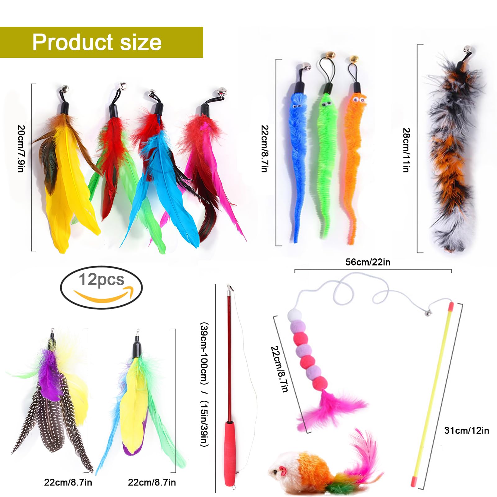12 قطعة من ألعاب القطط من اس ال اي، ألعاب تفاعلية للقطط مع أجراس، لعبة عصا القطط بألوان مختلفة من الريش، طريقة سريعة لجذب انتباه قطتك، مناسبة للقطط التي تلعب في الداخل