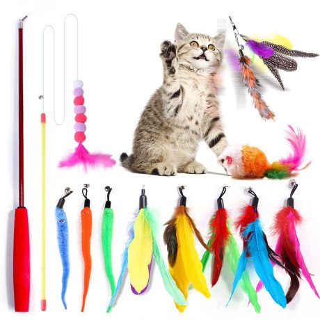 12 قطعة من ألعاب القطط من اس ال اي، ألعاب تفاعلية للقطط مع أجراس، لعبة عصا القطط بألوان مختلفة من الريش، طريقة سريعة لجذب انتباه قطتك، مناسبة للقطط التي تلعب في الداخل