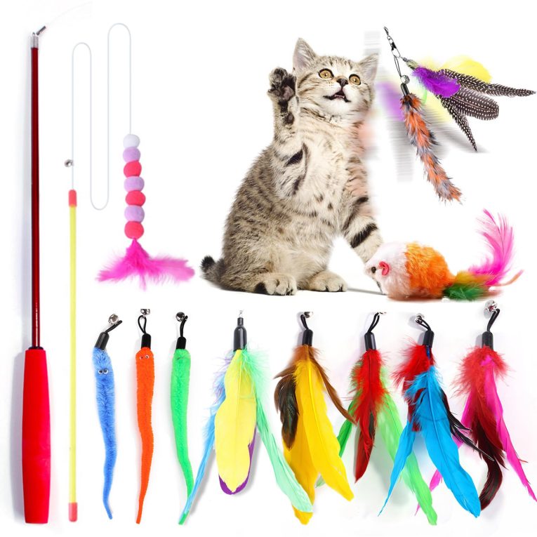 12 قطعة من ألعاب القطط من اس ال اي، ألعاب تفاعلية للقطط مع أجراس، لعبة عصا القطط بألوان مختلفة من الريش، طريقة سريعة لجذب انتباه قطتك، مناسبة للقطط التي تلعب في الداخل