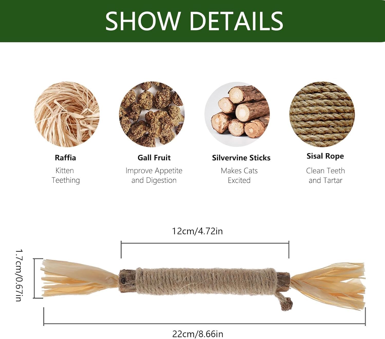 3 قطع من عصي الكرمة الفضية الطبيعية من بوكيلا، لعبة اسنان النعناع البري لتنظيف اسنان القطط، العاب مضغ للقطط والقطط الصغيرة للمضغ العدواني، عصي كرمة فضية سهلة الحمل