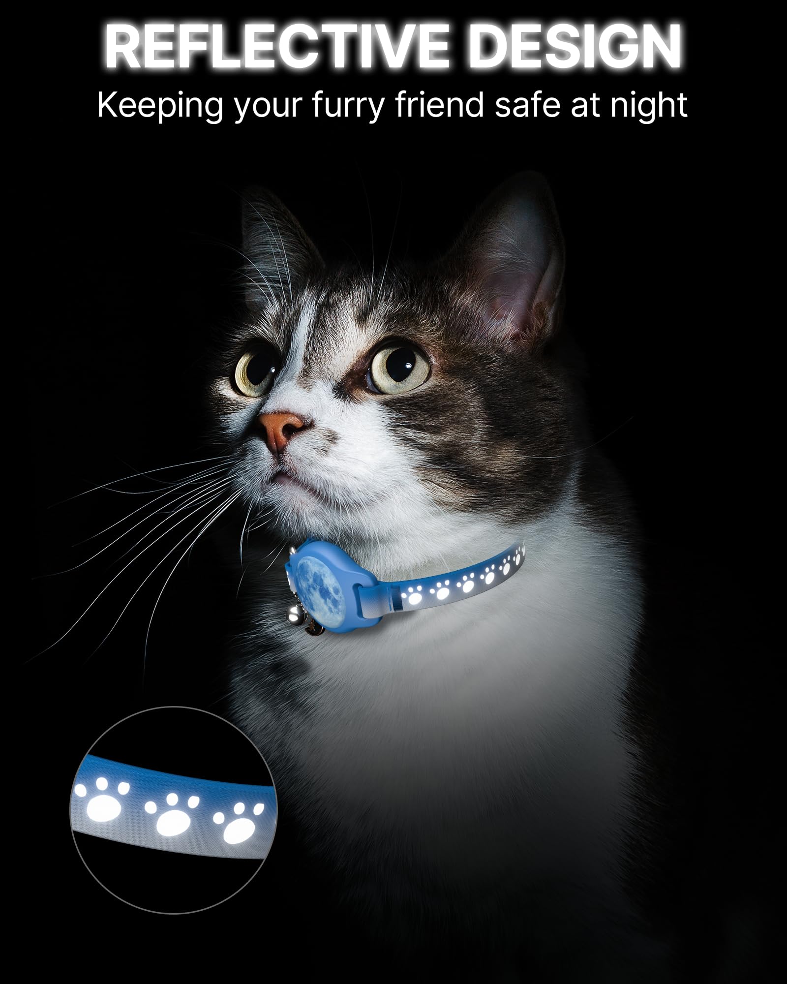 Cat Tracker Collar Waterproof Airtag Collar with Finder Tag (iOS ONLY Not for Android Devices), Compatible with Apple Find My, Breakaway Tractive with Reflective Pattern & Bell, 8-12", Starry Meow