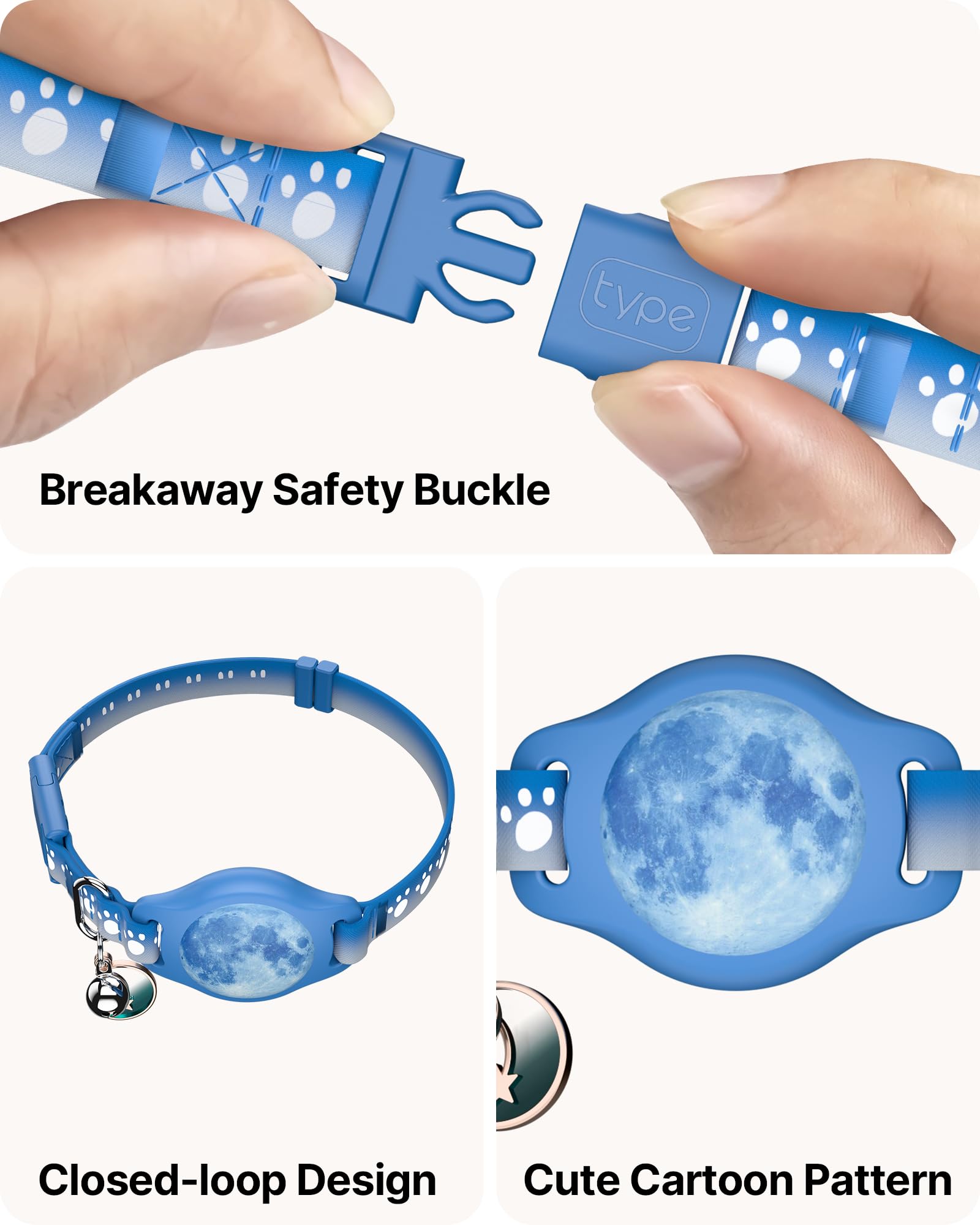 Cat Tracker Collar Waterproof Airtag Collar with Finder Tag (iOS ONLY Not for Android Devices), Compatible with Apple Find My, Breakaway Tractive with Reflective Pattern & Bell, 8-12", Starry Meow