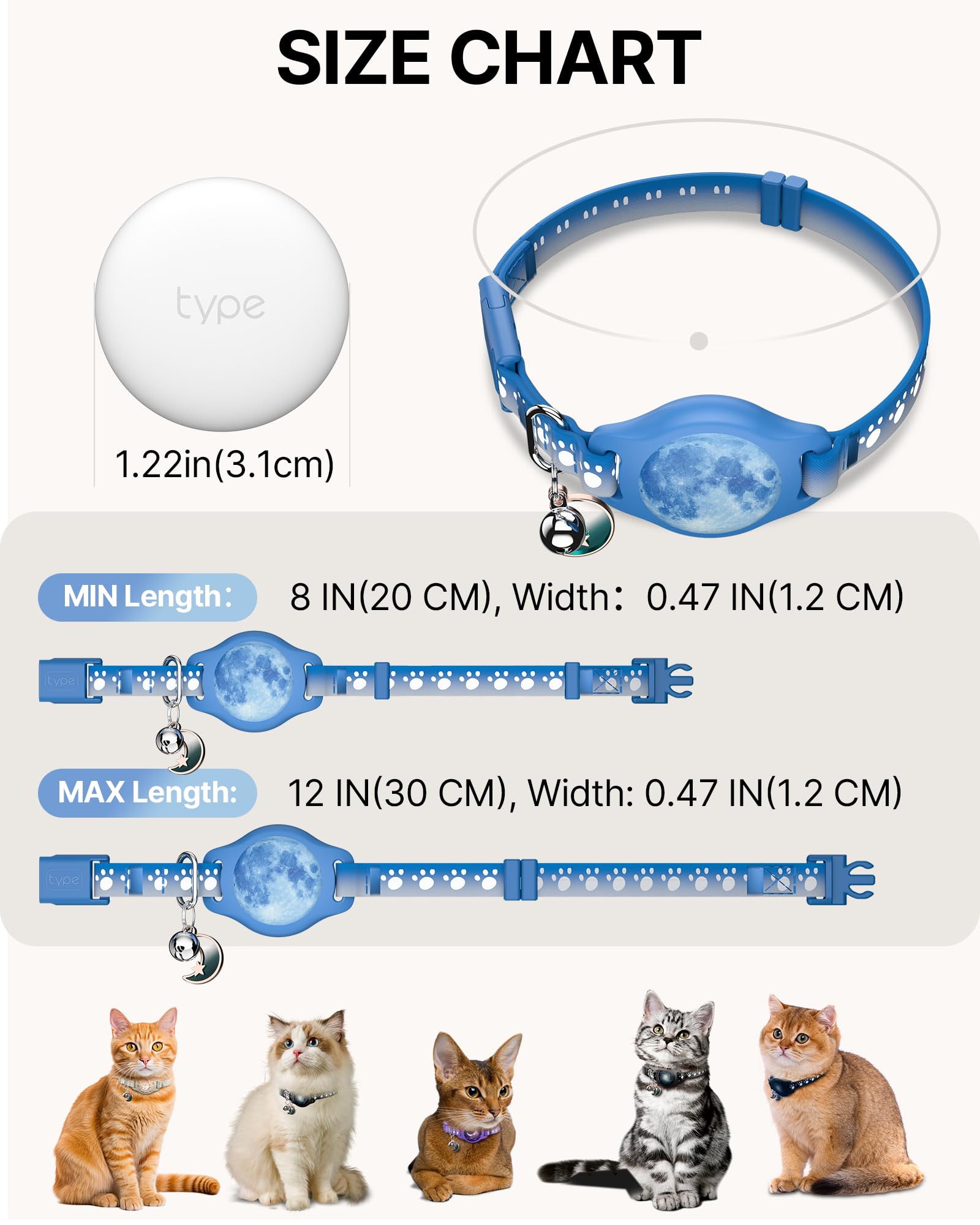 Cat Tracker Collar Waterproof Airtag Collar with Finder Tag (iOS ONLY Not for Android Devices), Compatible with Apple Find My, Breakaway Tractive with Reflective Pattern & Bell, 8-12", Starry Meow
