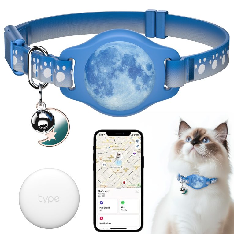 Cat Tracker Collar Waterproof Airtag Collar with Finder Tag (iOS ONLY Not for Android Devices), Compatible with Apple Find My, Breakaway Tractive with Reflective Pattern & Bell, 8-12", Starry Meow