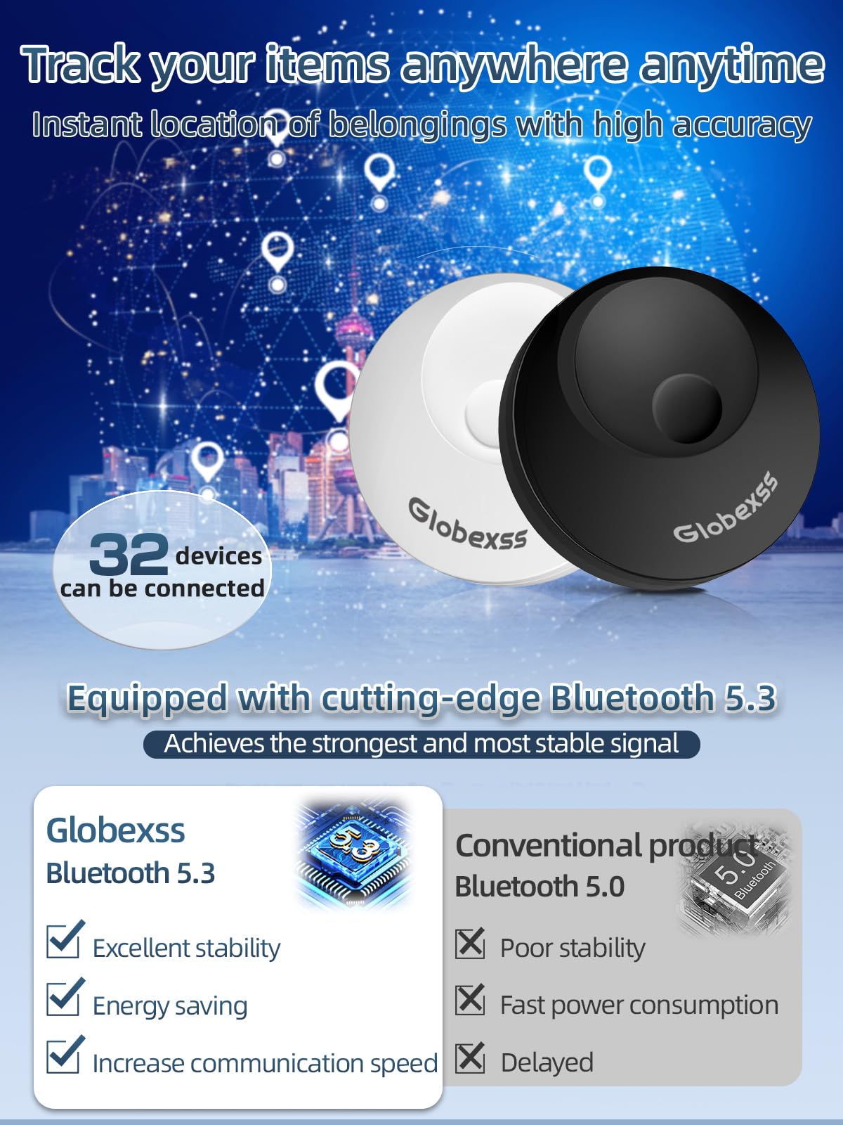 جهاز تتبع الامتعة الذكي ايرتاج يعمل مع ابل فايند ماي (اي او اس فقط)، خفيف الوزن وصغير للغاية، يمكن تعليقه على الاطفال وكبار السن والامتعة والقطط والكلاب والمفاتيح والحقائب من جلوبكس (عبوة من قطعتين)