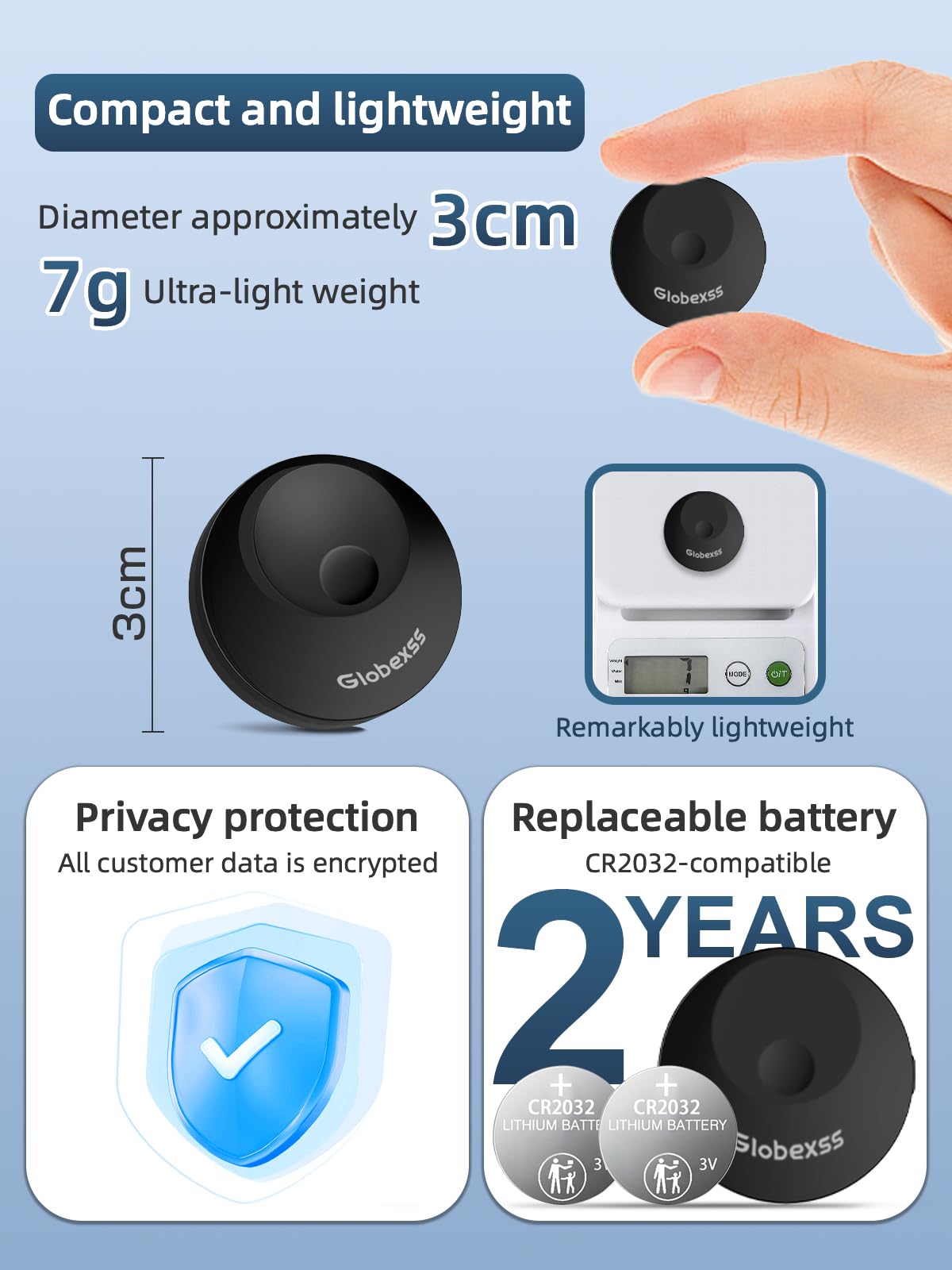 جهاز تتبع الامتعة الذكي ايرتاج يعمل مع ابل فايند ماي (اي او اس فقط)، خفيف الوزن وصغير للغاية، يمكن تعليقه على الاطفال وكبار السن والامتعة والقطط والكلاب والمفاتيح والحقائب من جلوبكس (عبوة من قطعتين)