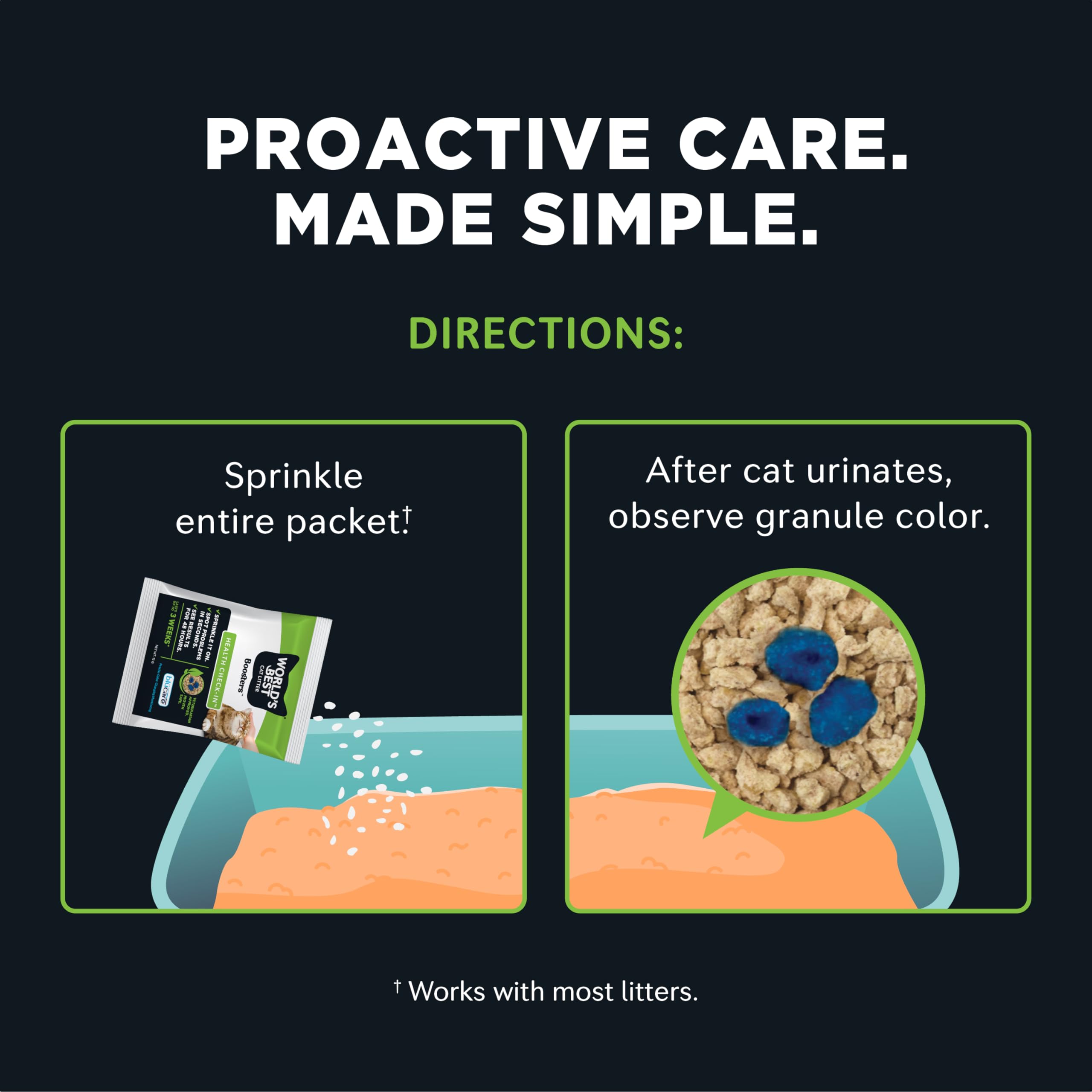 حبيبات بوسترز™ هيلث تشيك ان™ مادة مضافة لصندوق فضلات القطط لمراقبة صحة القط والكشف المبكر عن المشاكل البولية مع كاشف متغيير اللون، اختبار منزلي سهل معتمد من الأطباء البيطريين من ورلدز بيست كات ليتر®