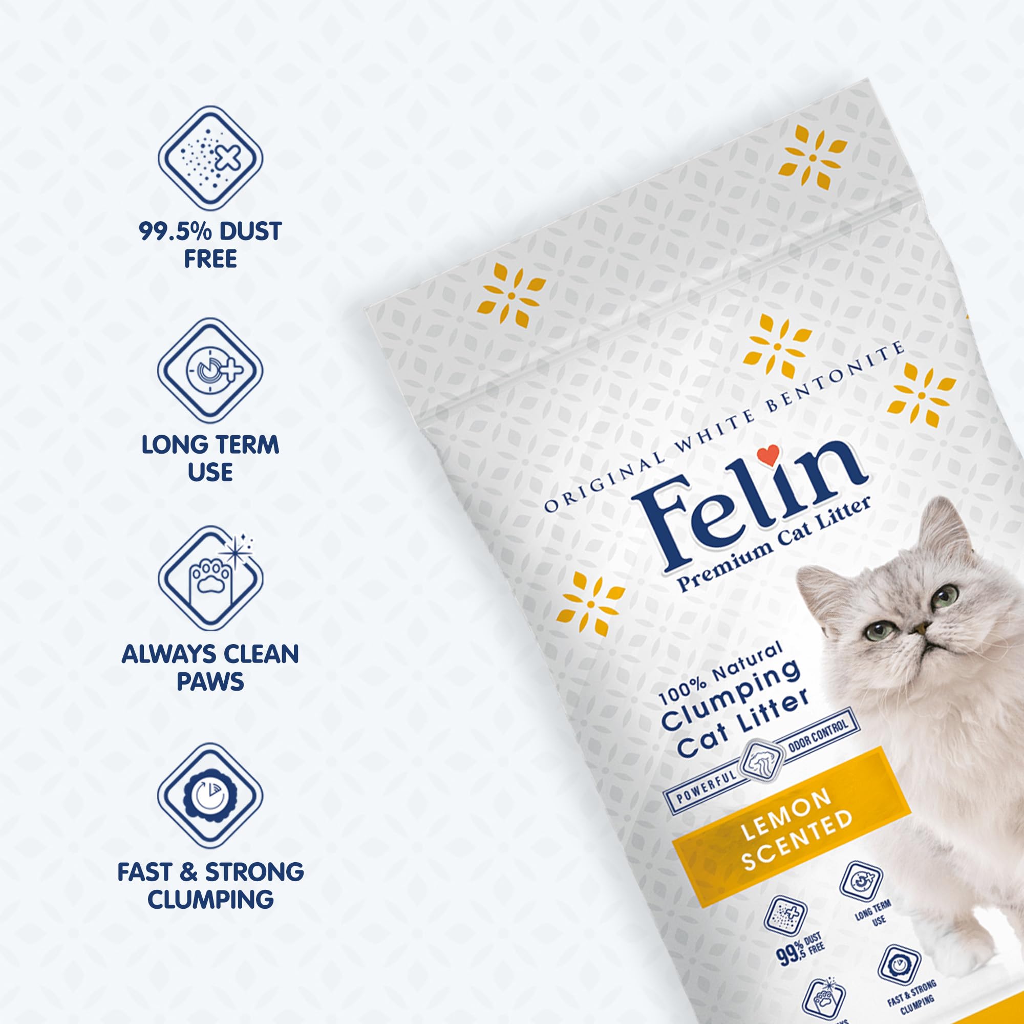 رمل فضلات القطط من فيلين مصنوع 100% من البنتونيت الطبيعي، قابل للتكتل بنسبة 99.5%، خالي من الغبار، معطر ومضاد للروائح الكريهة، لطيف على الحيوانات الأليفة، رائحة ليمون منعشة تدوم طويلا (10 لتر)
