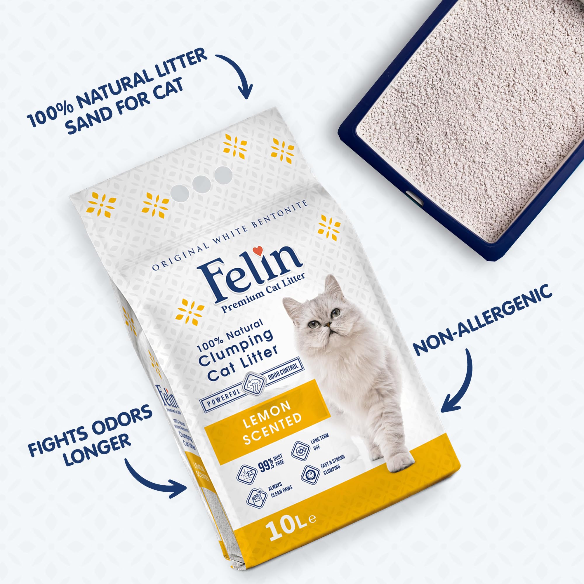 رمل فضلات القطط من فيلين مصنوع 100% من البنتونيت الطبيعي، قابل للتكتل بنسبة 99.5%، خالي من الغبار، معطر ومضاد للروائح الكريهة، لطيف على الحيوانات الأليفة، رائحة ليمون منعشة تدوم طويلا (10 لتر)