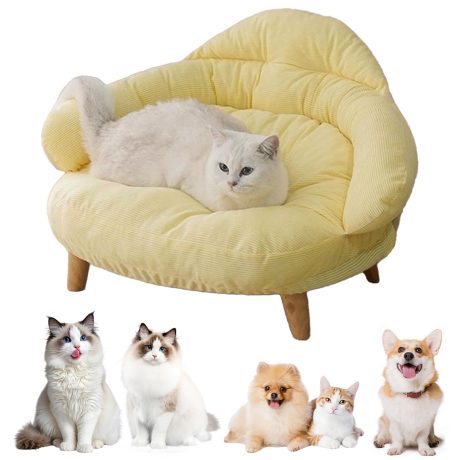 سرير اريكة للقطط والكلاب والقطط، سرير اريكة للقطط والحيوانات الاليفة في الاماكن المغلقة، سرير خشبي مرتفع للقطط مع غطاء مرتبة قابل للازالة، عبوة ثلج مجانية، للاستخدام في الصيف (اصفر ليموني)