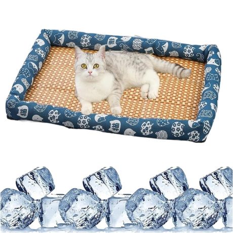 سرير تبريد للحيوانات الاليفة من اكس سبرينج، سرير صيفي مريح للقطط مقاس 50×40 سم مع سياج وسادة، بساط تبريد للكلاب مع بساط من الراتان الثلجي، بساط نوم للحيوانات الاليفة داخلي جيد التهوية لسرير الكلاب