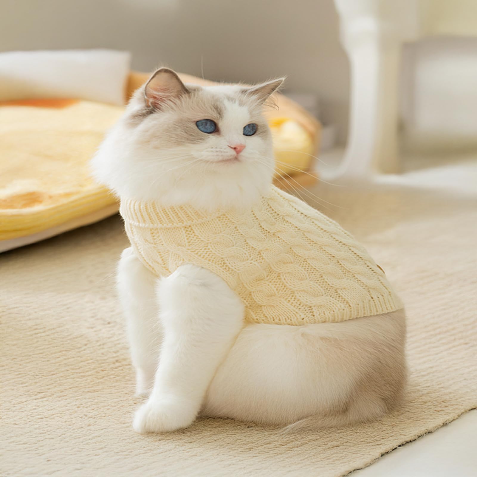 سويتر محبوك سادة بلون كريمي للقطط والكلاب الصغيرة من جودون، مقاس L، مناسب للشتاء، للجنسين، قبة مدورة بدون اكمام، سهل الارتداء، يمكن غسله في الغسالة، عبوة واحدة