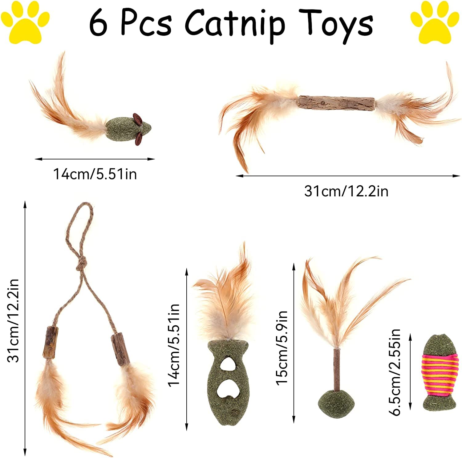 سيوسى العاب تسنين القطط، 6 قطع من عصي المضغ الفضية الطبيعية، العاب الريش/الفأر/النعناع البري للقطط، لعبة مضغ للقطط الصغيرة، للعب والاسترخاء، عصا تنظيف اسنان القطط