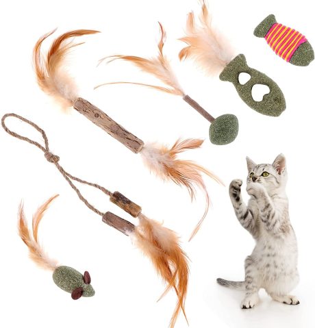 سيوسى العاب تسنين القطط، 6 قطع من عصي المضغ الفضية الطبيعية، العاب الريش/الفأر/النعناع البري للقطط، لعبة مضغ للقطط الصغيرة، للعب والاسترخاء، عصا تنظيف اسنان القطط