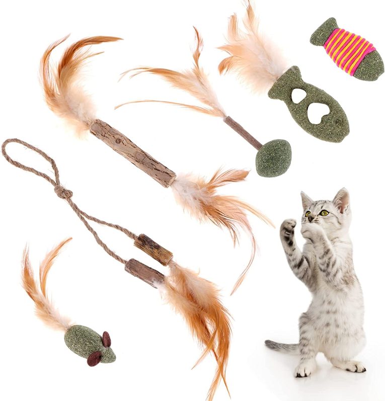 سيوسى العاب تسنين القطط، 6 قطع من عصي المضغ الفضية الطبيعية، العاب الريش/الفأر/النعناع البري للقطط، لعبة مضغ للقطط الصغيرة، للعب والاسترخاء، عصا تنظيف اسنان القطط