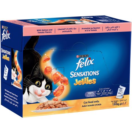 طعام القطط فيفليكس سينساشنز بشكل جيلي بطعم السلمون والطماطم من فيليكس بيورينا وزن 85 جرام عبوة 12 قطعة بالغ سمك السالمون