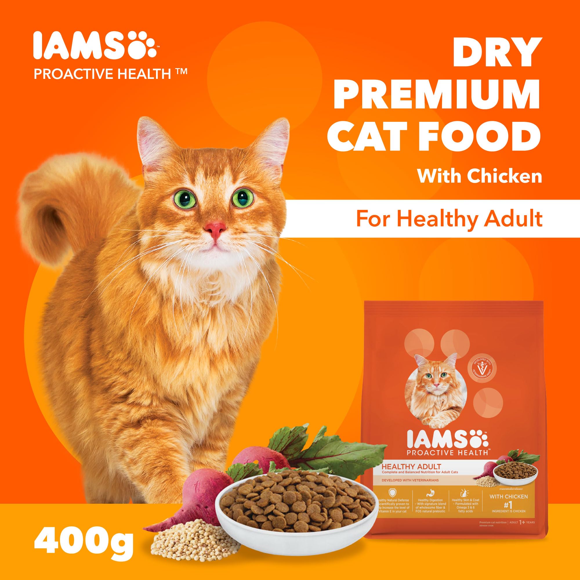 طعام جاف فاخر للقطط البالغة بالدجاج برواكتيف هيلث من ايامز، 400 غرام