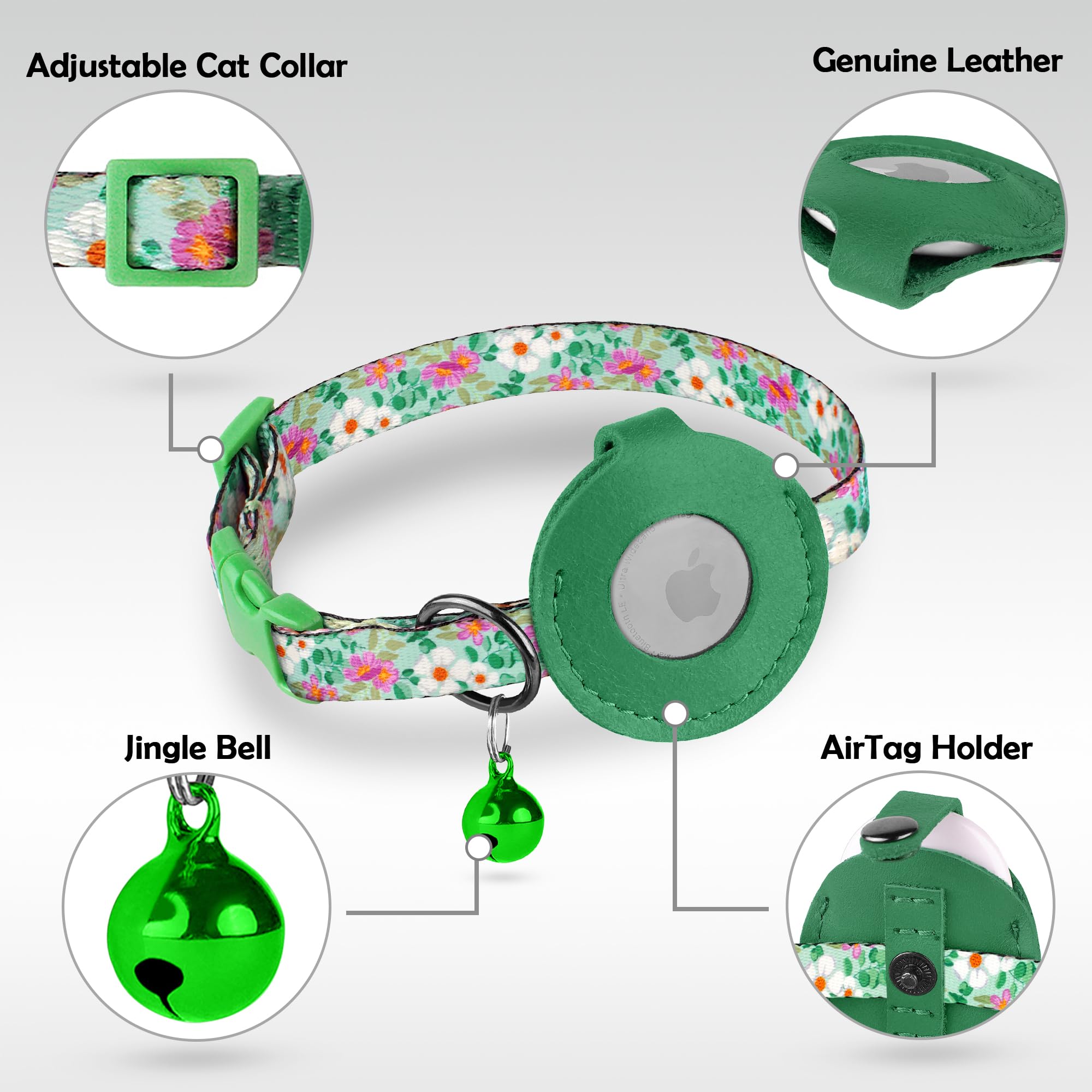 طوق اير تاغ للقطط مع جرس - طوق حيوانات اليفة ناعم غير قابل للفصل مع حامل بطاقة هوائية من الجلد - اطواق قابلة للتعديل لتحديد المواقع مضادة للضياع للبنات والاولاد والقطط والجراء والقطط الصغيرة، خفيف