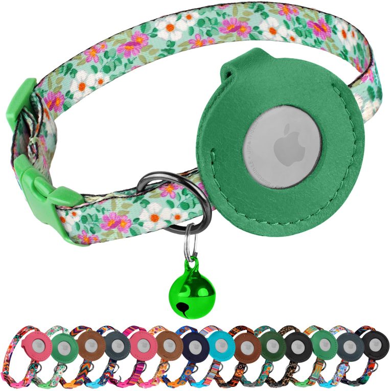 طوق اير تاغ للقطط مع جرس - طوق حيوانات اليفة ناعم غير قابل للفصل مع حامل بطاقة هوائية من الجلد - اطواق قابلة للتعديل لتحديد المواقع مضادة للضياع للبنات والاولاد والقطط والجراء والقطط الصغيرة، خفيف