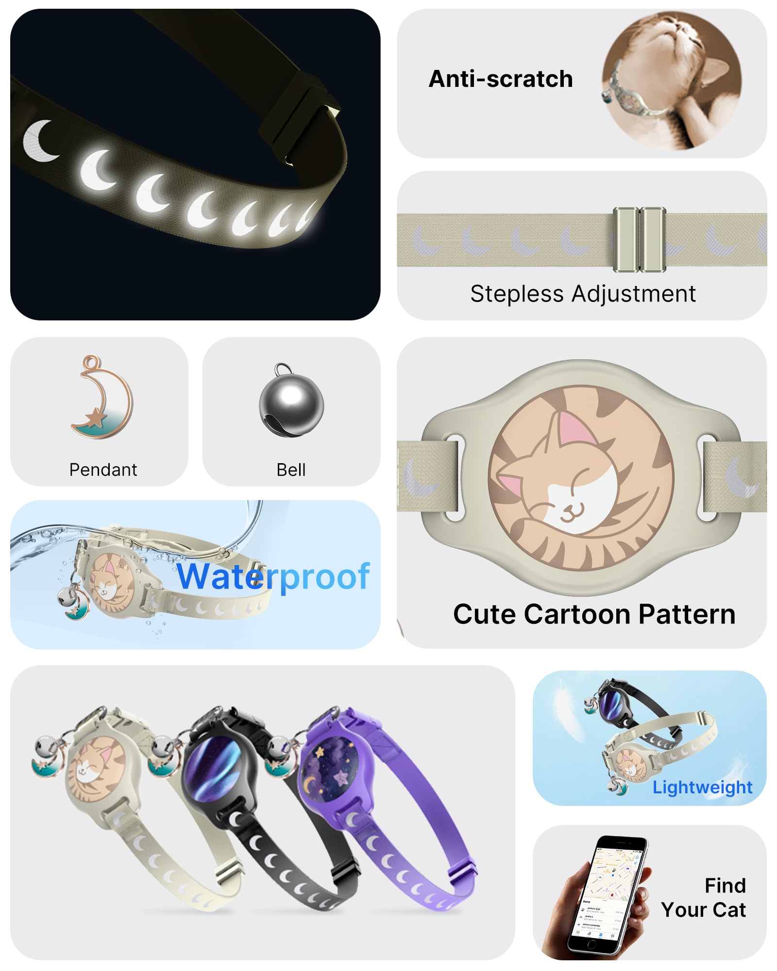 طوق للقطط مع حامل ايرتاج، طوق قابل للفصل لجهاز ابل اير تاج بنمط مضيء وعاكس، اطواق تتبع القطط مقاومة للماء بنظام تحديد المواقع GPS للاولاد والبنات والقطط الصغيرة مع جرس، كاكي (6-12 انش)