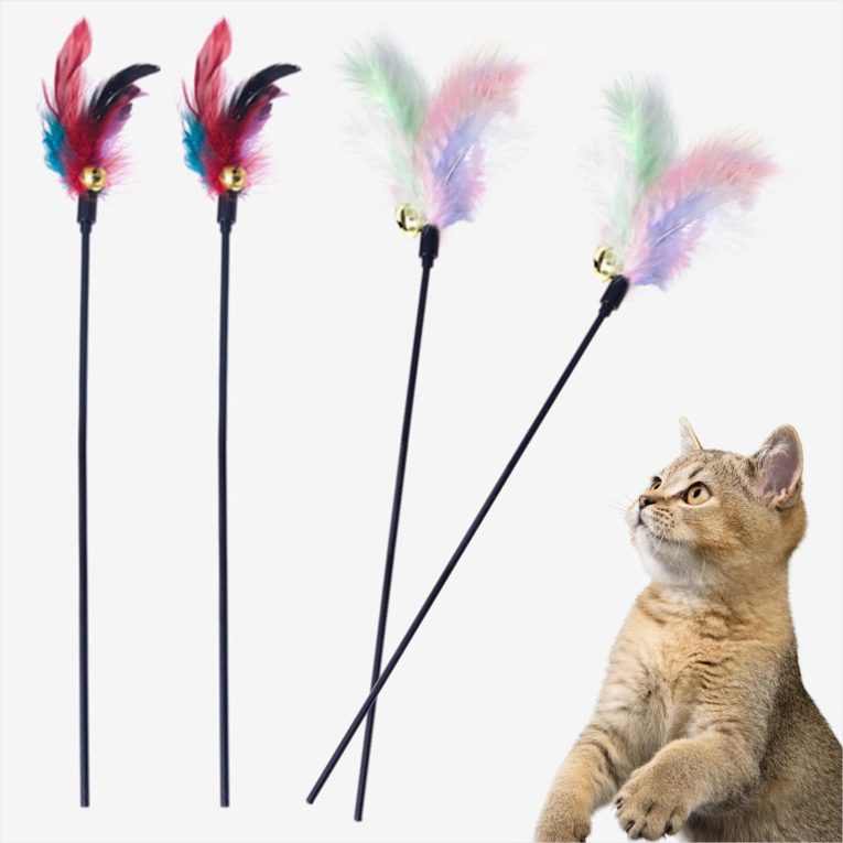 عصي ريشة للقطط، عصا ريشة القطط، عصا تدريب تفاعلية للقطط، لعبة تفاعلية رياضية للقطط، عصي ريشة للقطط الصغيرة، للعب القطط في الاماكن المغلقة والمفتوحة (4 قطع)