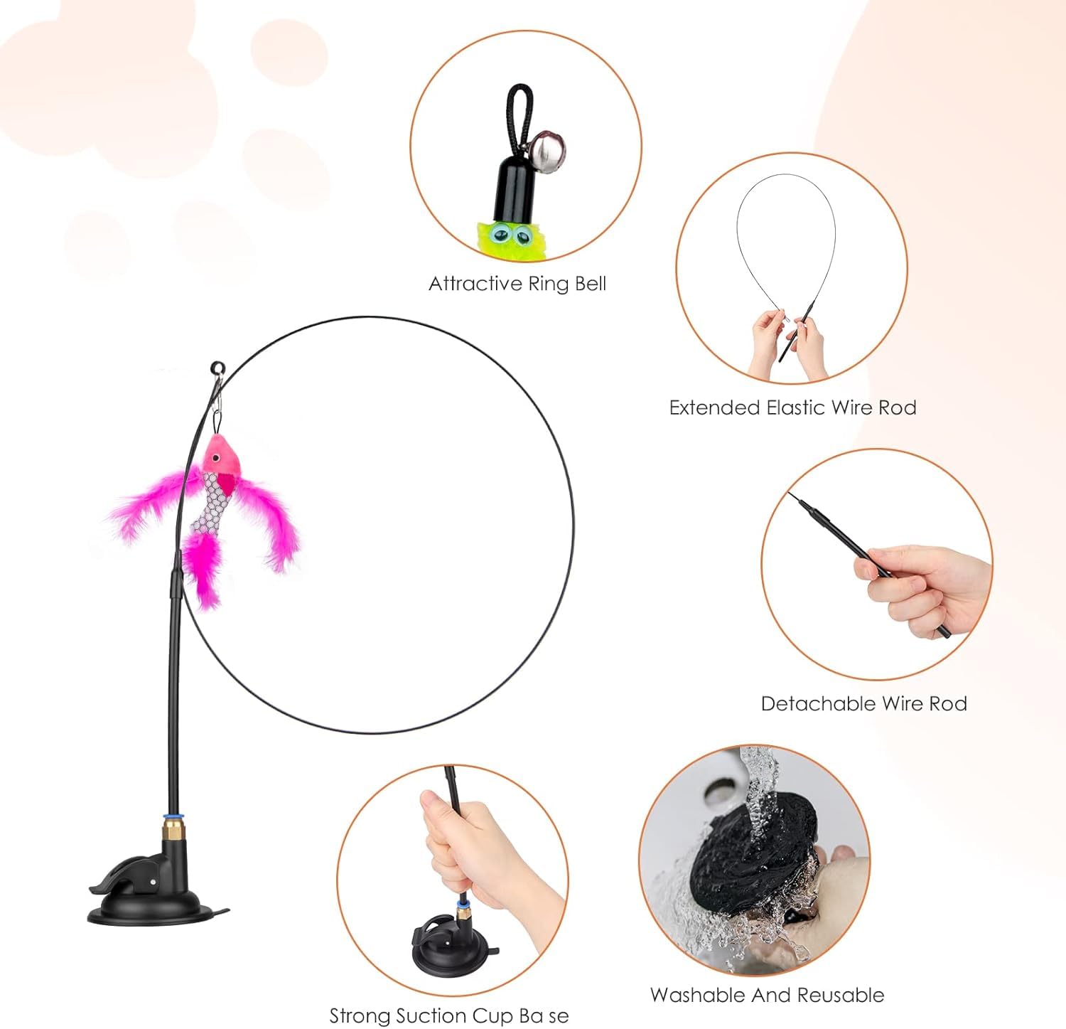 لعبة ريشة القطط من سكاي تاتش، عصا ألعاب القطط، لعبة تفاعلية للقطط مع كوب شفط قوي، عصا قطط واحدة و8 قطع بديلة للريش مع جرس، للعب الداخلي والمطاردة، رأس استبدال عشوائي